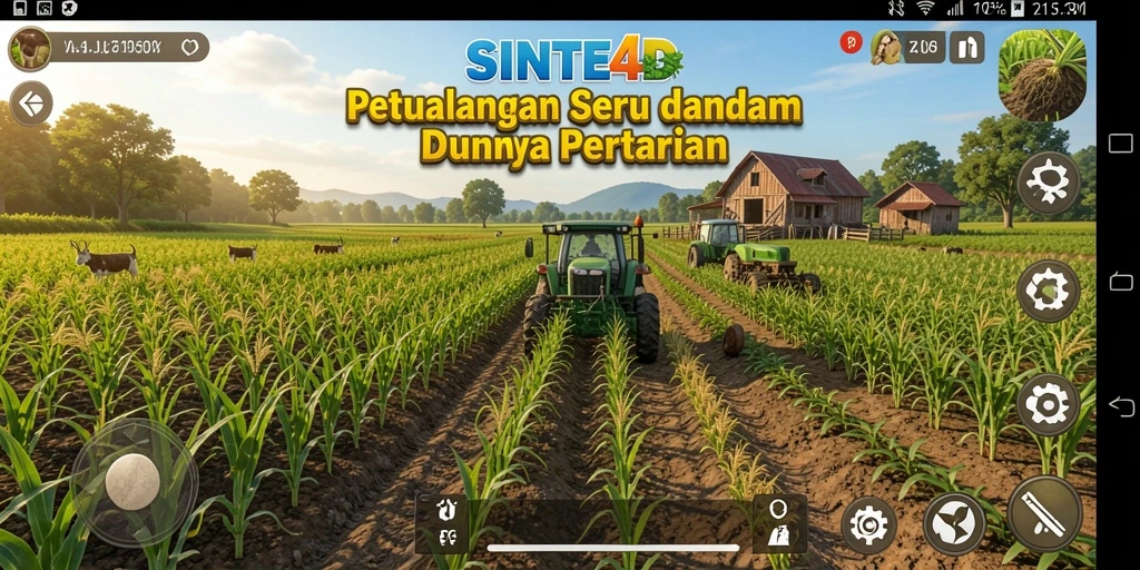 Screenshot utama SINTE4D menampilkan aksi seru bertani di ladang yang luas.